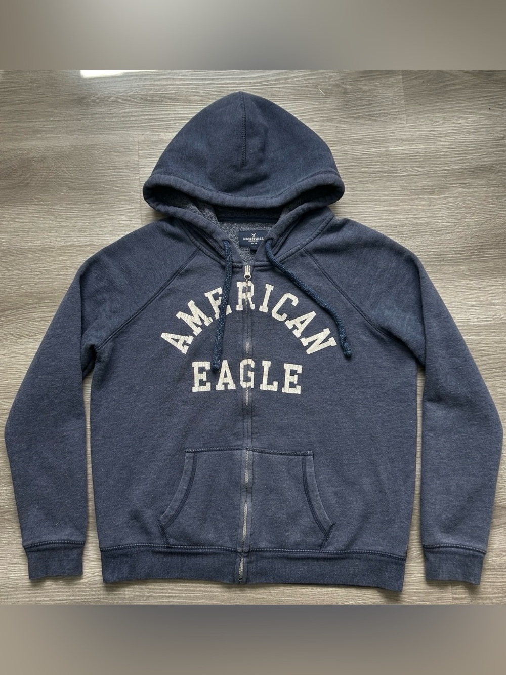 Y2K American Eagle Full Zip Hoodie Distressed Spellout Logo L Navy Blue Skater